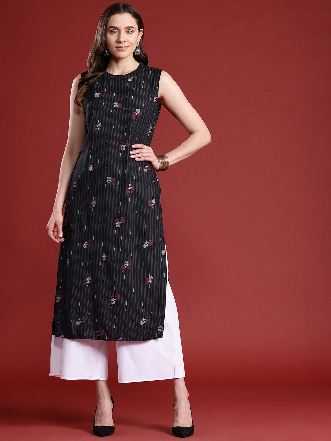 

Anouk Women Striped Kurta, Black
