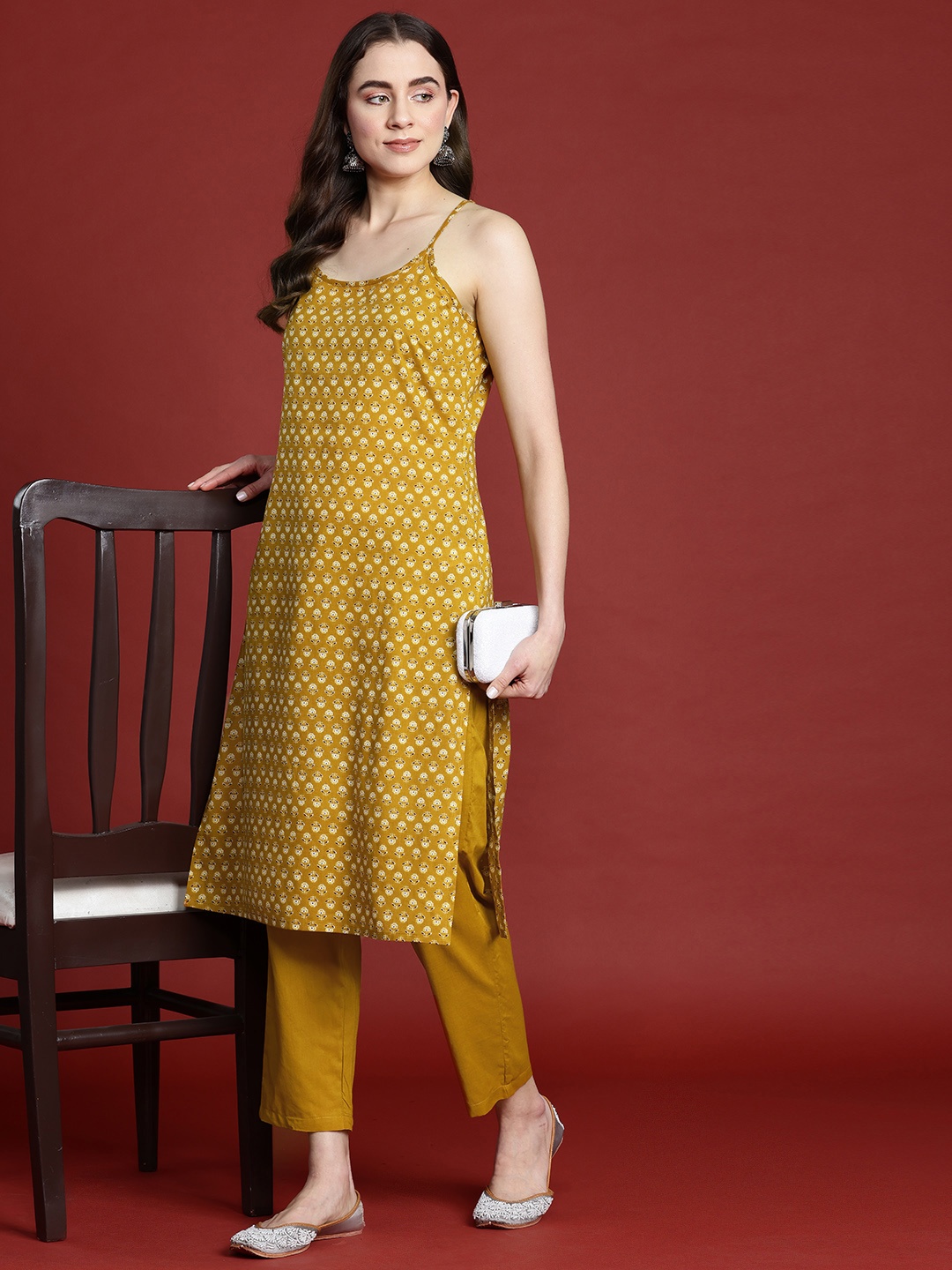 

Anouk Floral Printed Pure Cotton Kurta with Trousers, Mustard