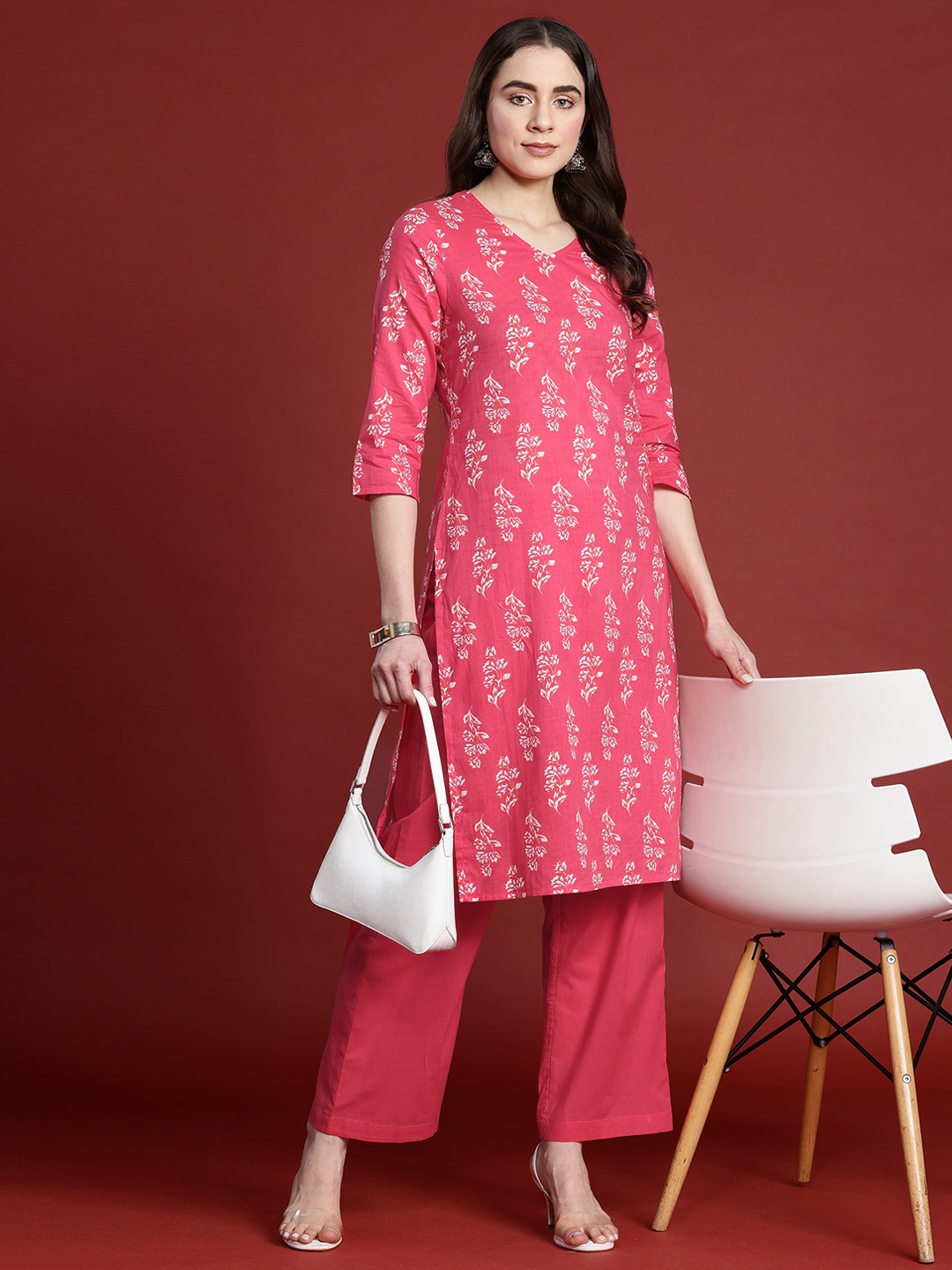 

Anouk Floral Printed Pure Cotton Kurta with Trousers, Pink