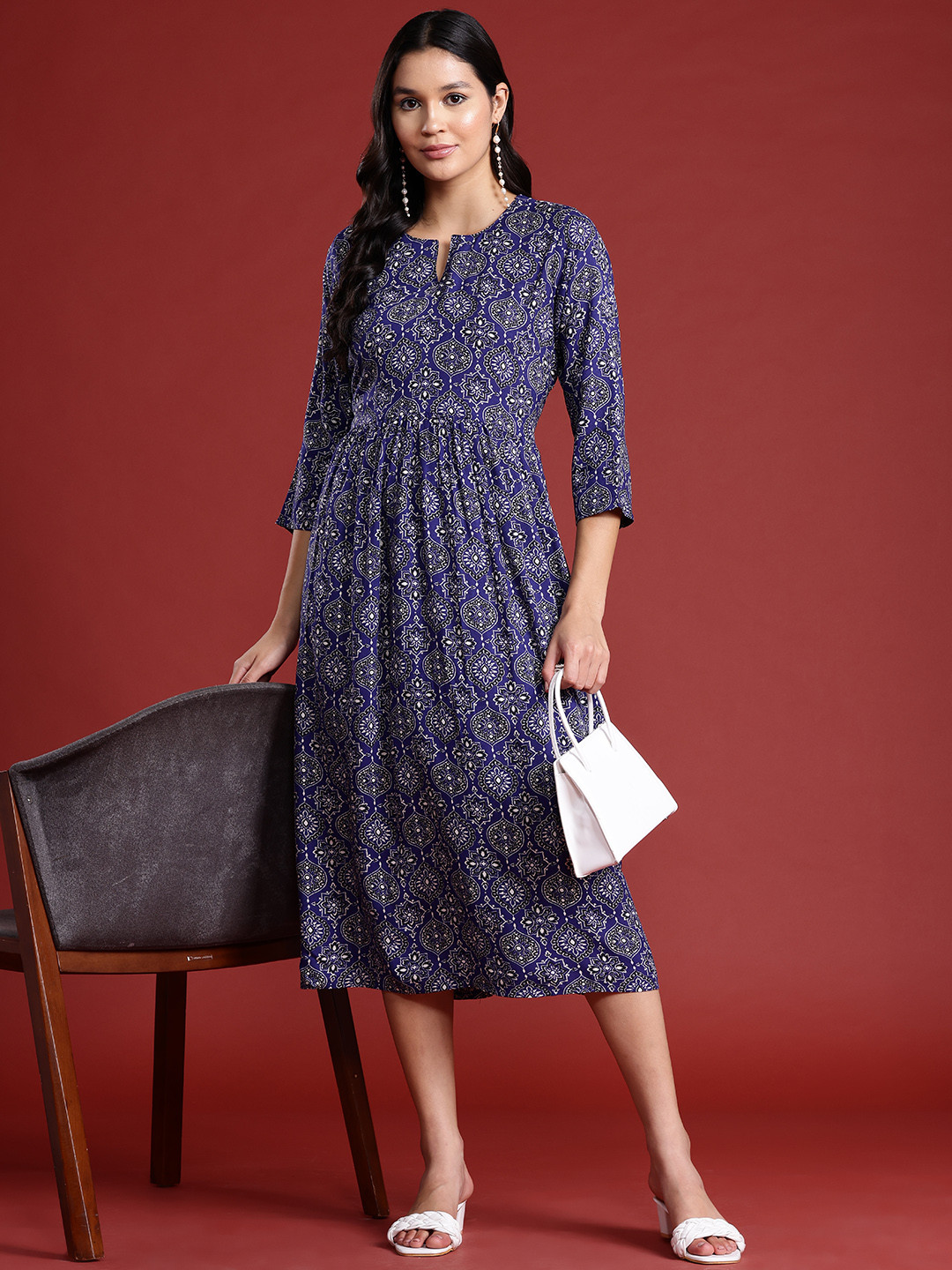 

Anouk Ethnic Printed A-Line Dress, Blue