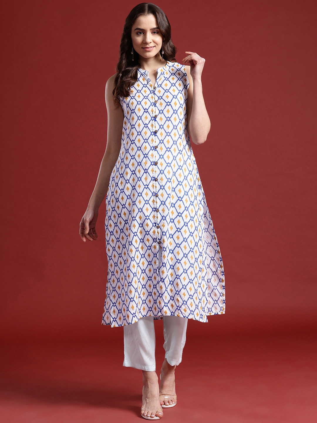 

Anouk Geometric Printed A-Line Kurta with Trousers, White