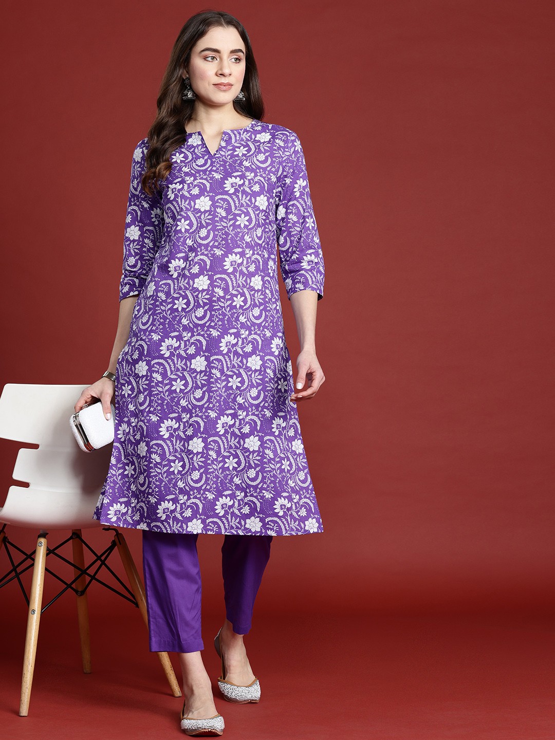 

Anouk Floral Printed Pure Cotton Kurta with Trousers, Purple