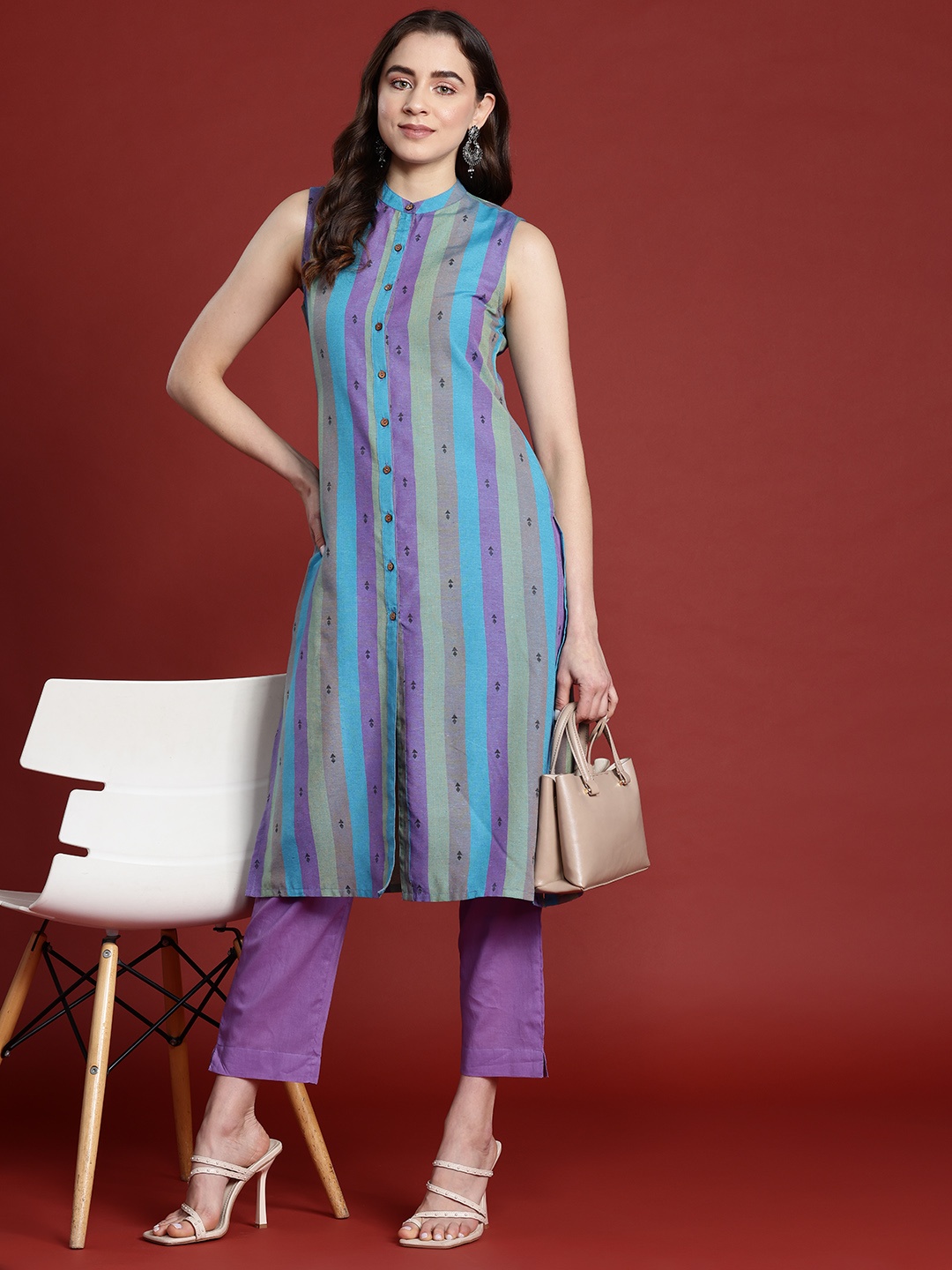

Anouk Striped Pure Cotton Kurta with Trousers, Purple