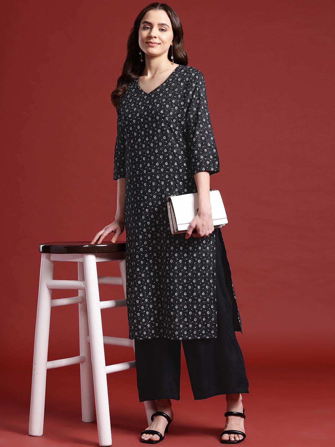 

Anouk Bandhani Printed Kurta with Trousers, Black