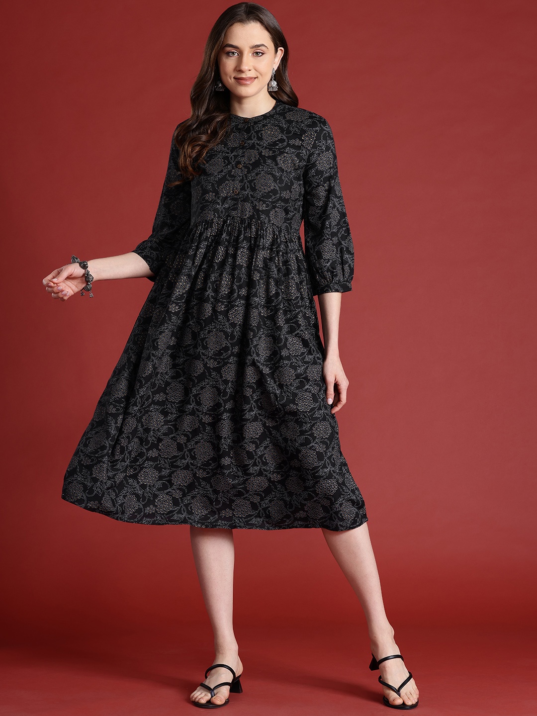 

Anouk Floral Print Midi Ethnic Shirt Dress, Black