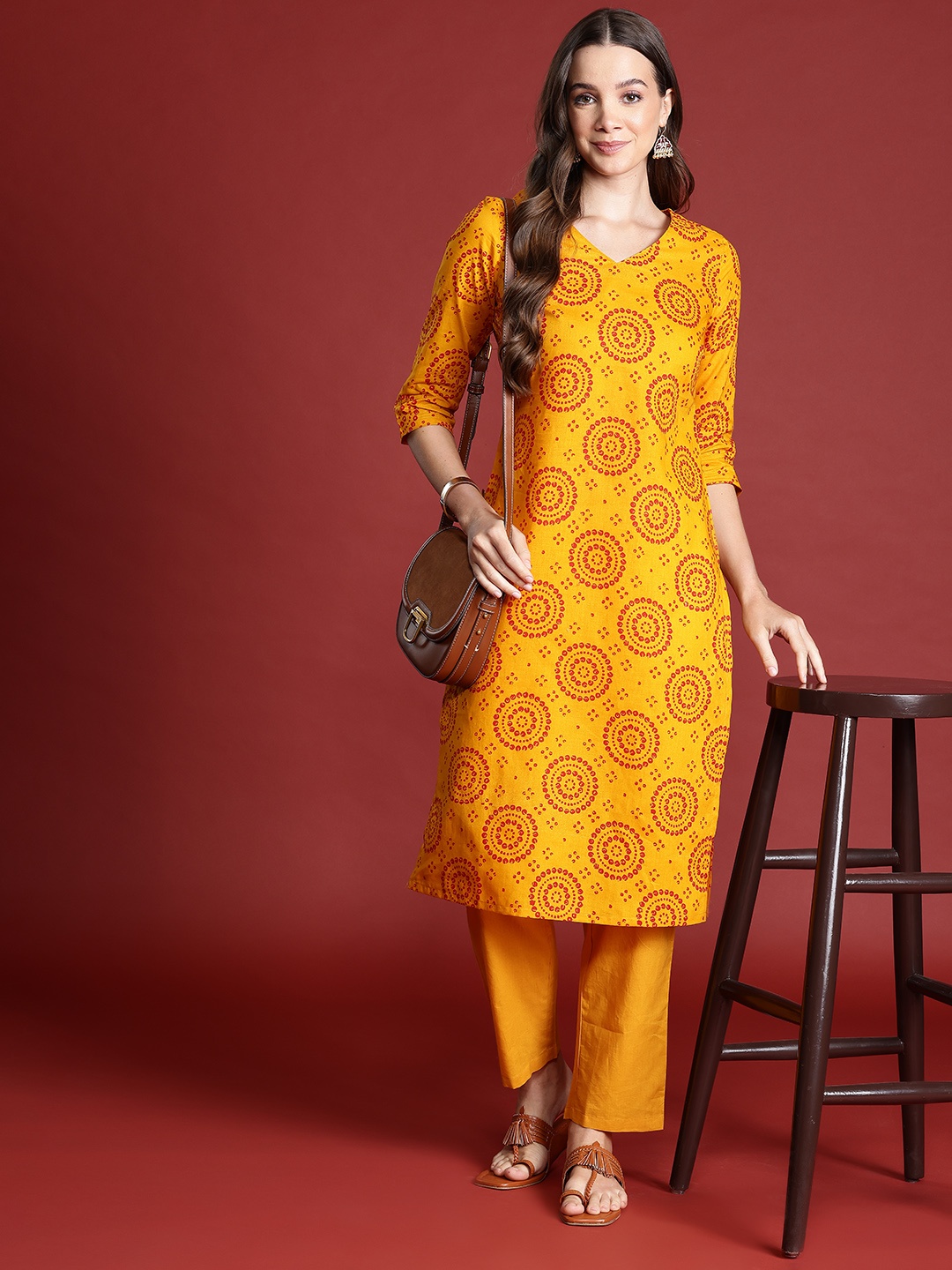 

Anouk Bandhani Print Pure Cotton Kurta with Trousers, Mustard