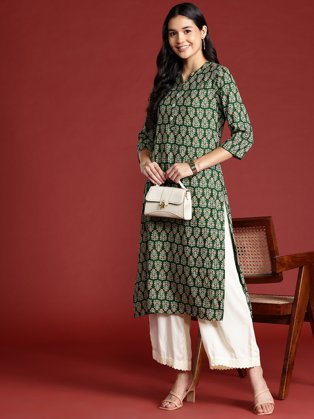 

Anouk Ethnic Motifs Printed Straight Kurta, Green