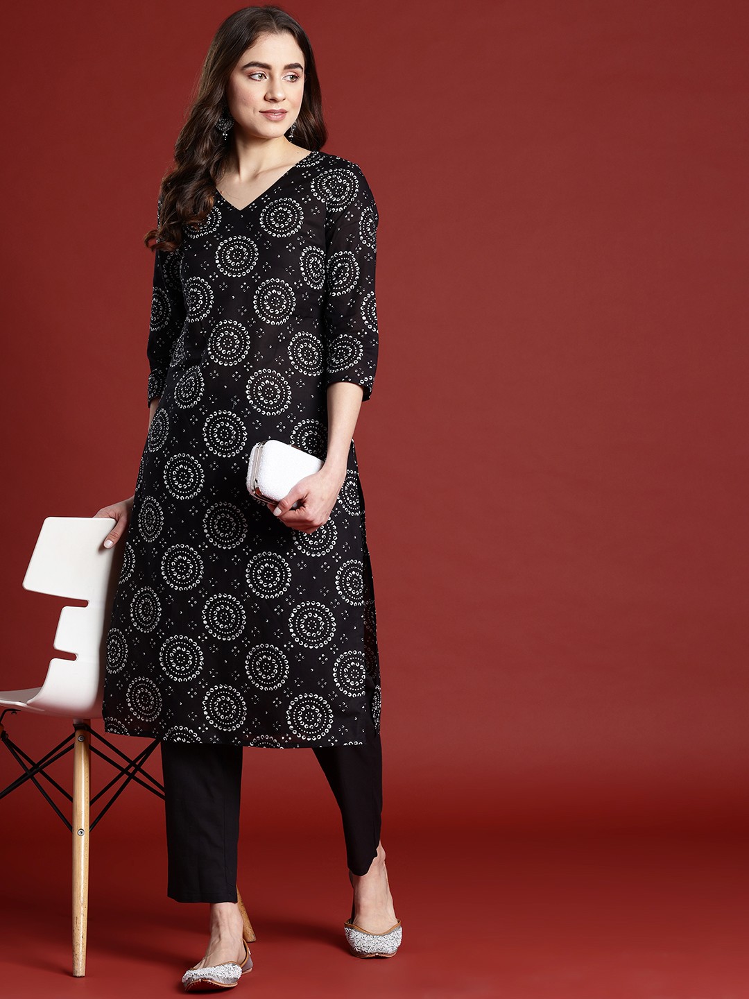 

Anouk Bandhani Print Pure Cotton Kurta with Trousers, Black