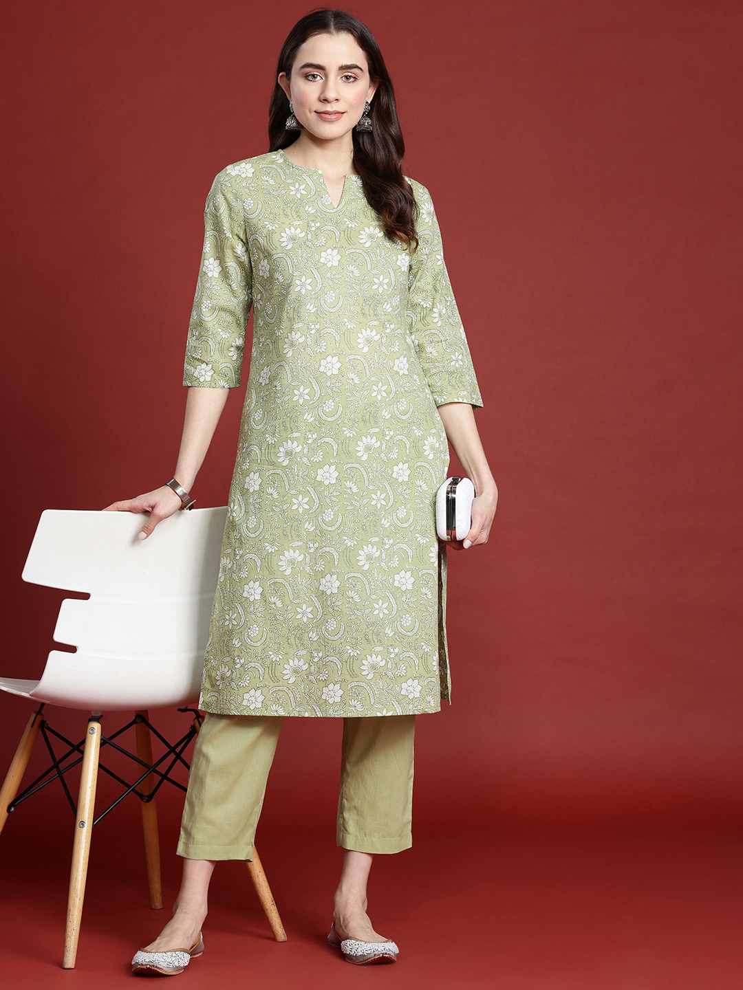 

Anouk Floral Printed Pure Cotton Kurta with Trousers, Green