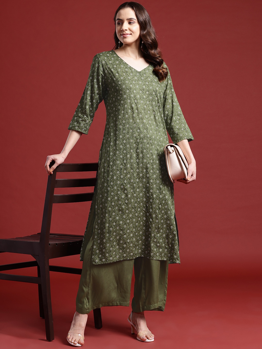 

Anouk Bandhani Printed Kurta & Trousers, Green