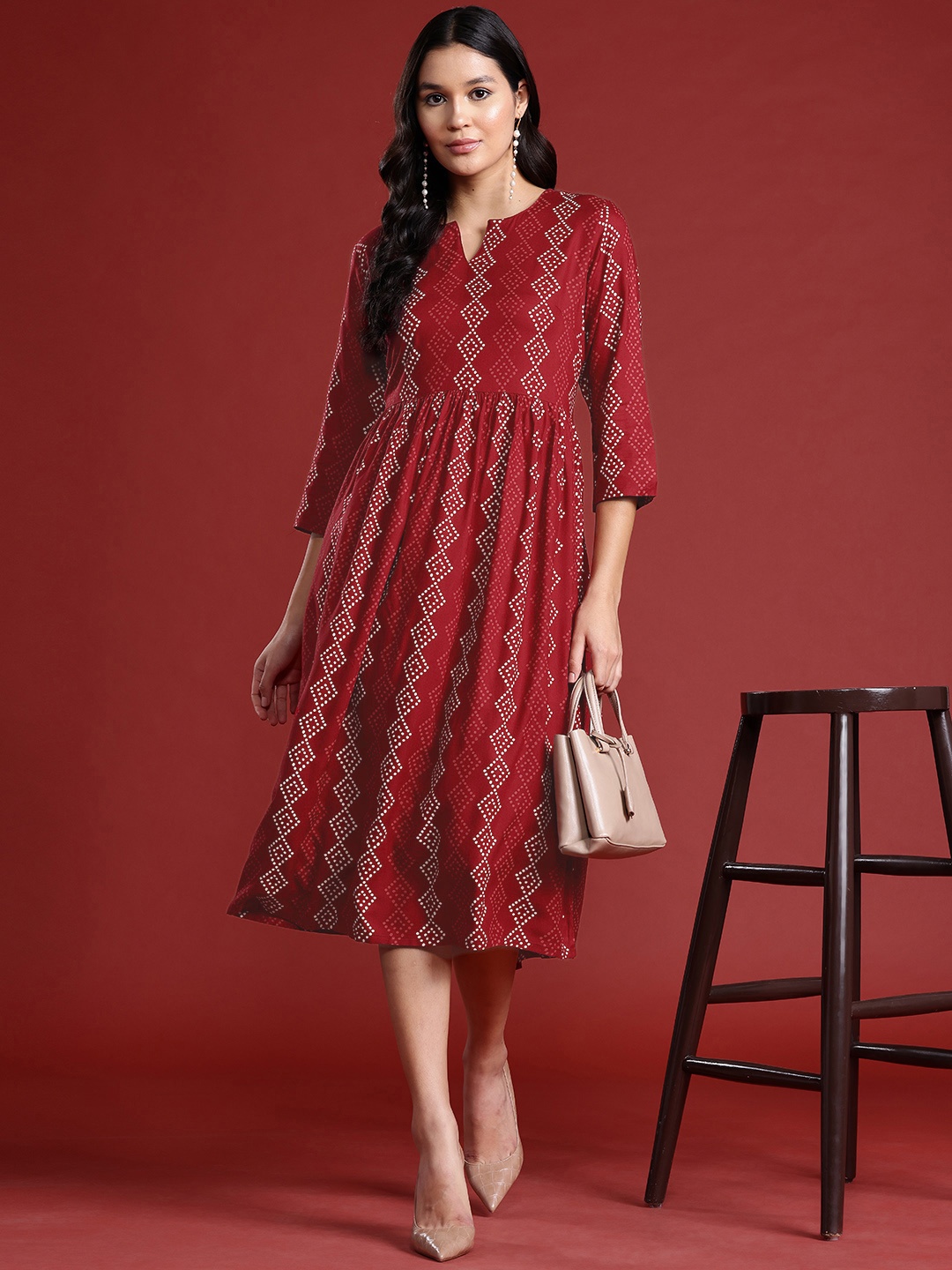 

Anouk Geometric Printed A-line Ethnic Dress, Maroon
