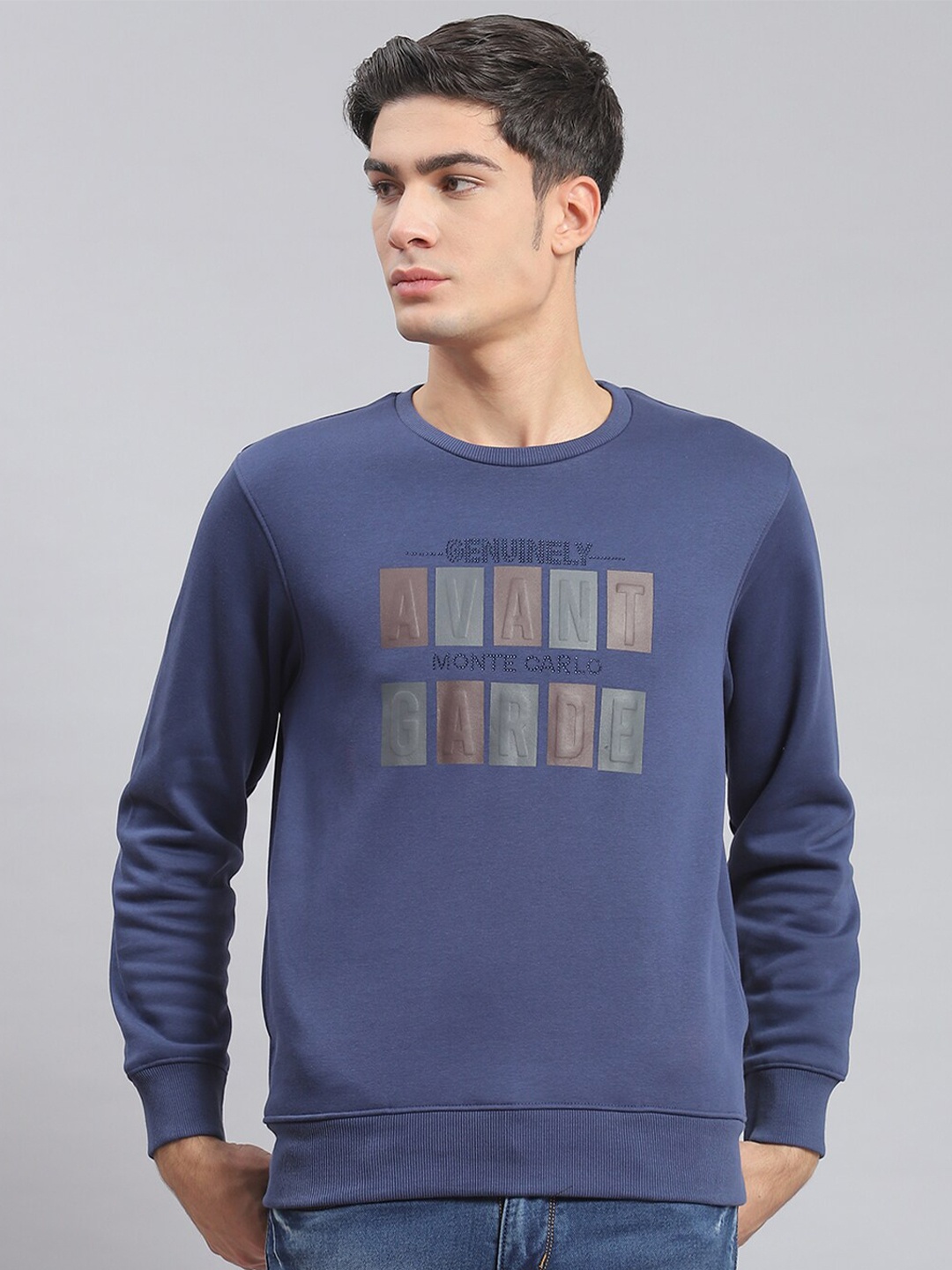 

Monte Carlo Typography Printed Round Neck Long Sleeve Pullover Sweatshirt, Blue