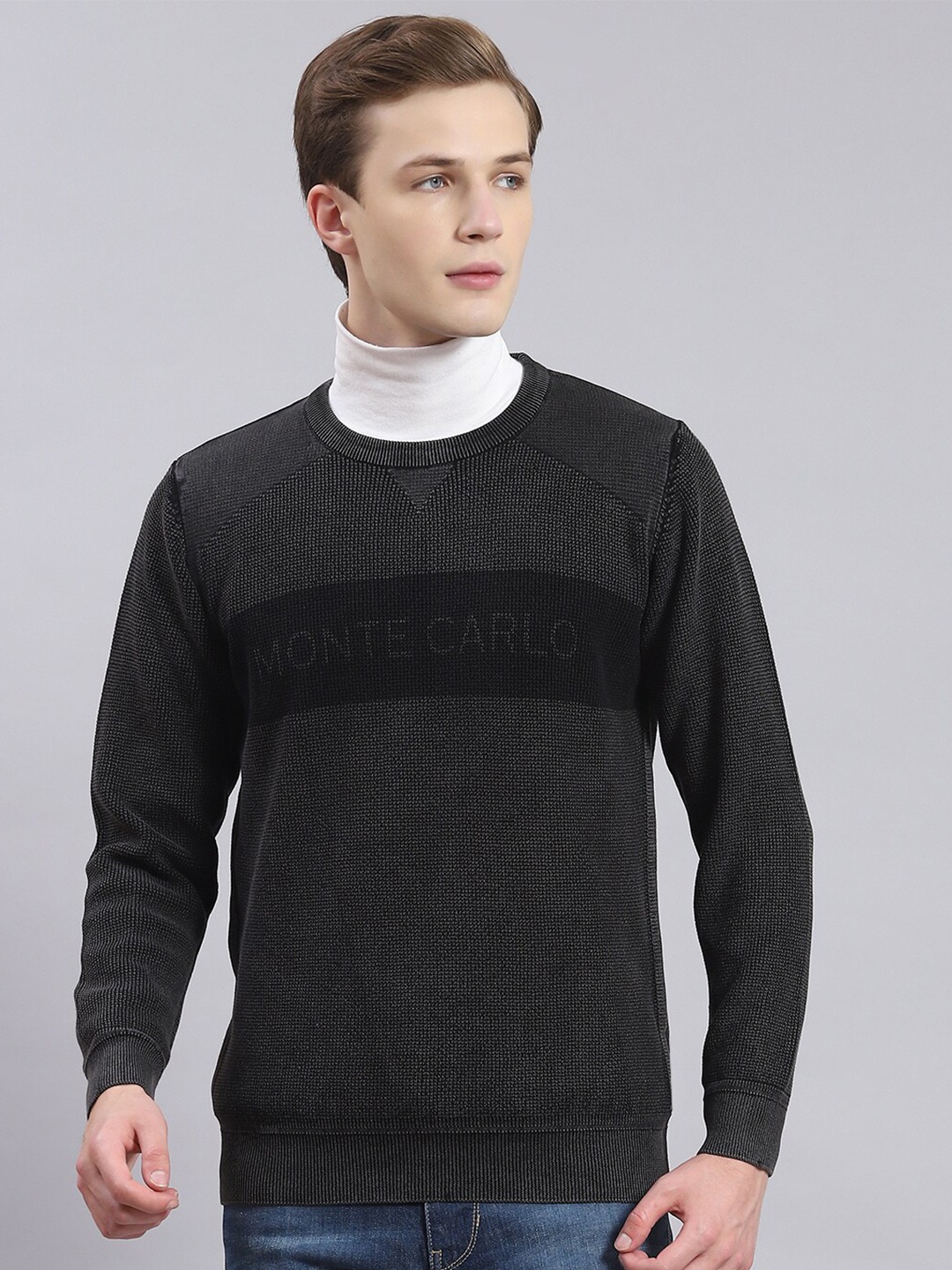 

Monte Carlo Self Design Cotton Pullover Sweater, Grey