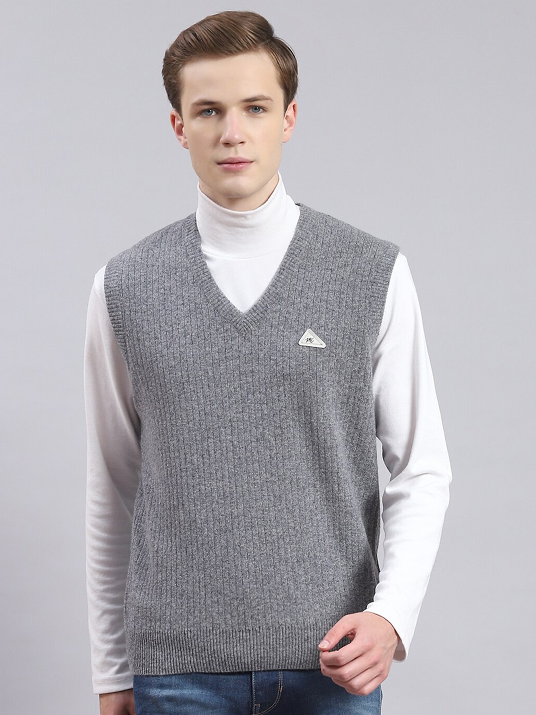 

Monte Carlo Striped V-Neck Sleeveless Woollen Sweater Vest, Grey