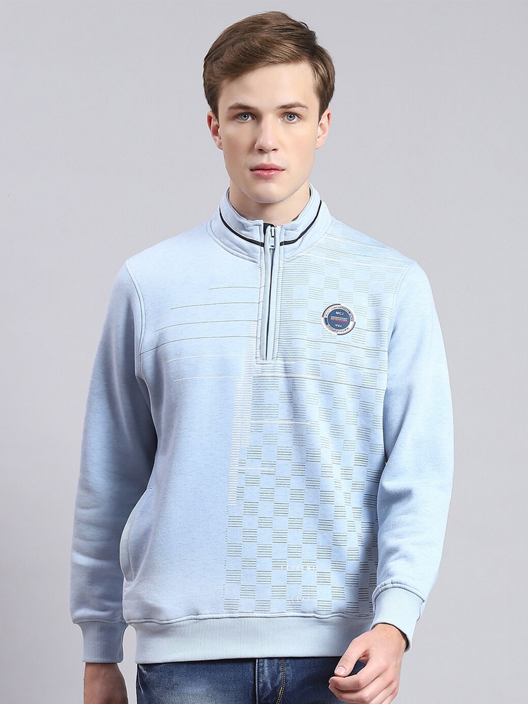 

Monte Carlo Geometric Printed Pullover Sweatshirt With Half Zipper, Blue