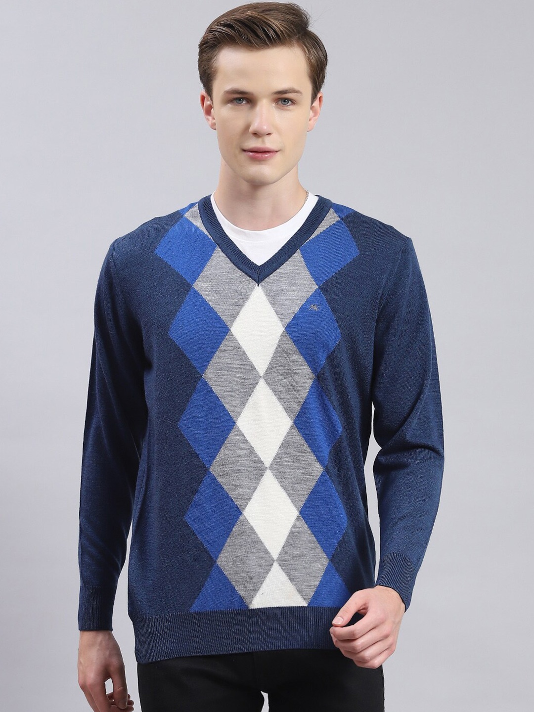 

Monte Carlo Geometric Printed V-Neck Pullover Sweater, Blue