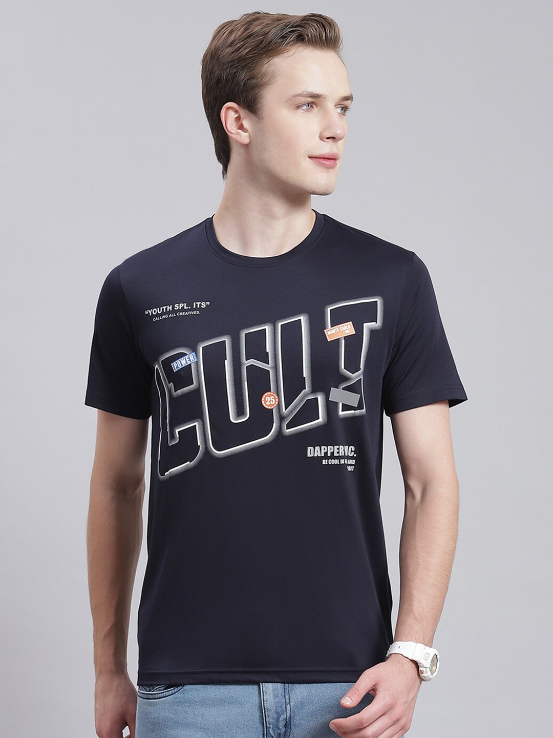 

Monte Carlo Typography Printed Cotton T-shirt, Navy blue