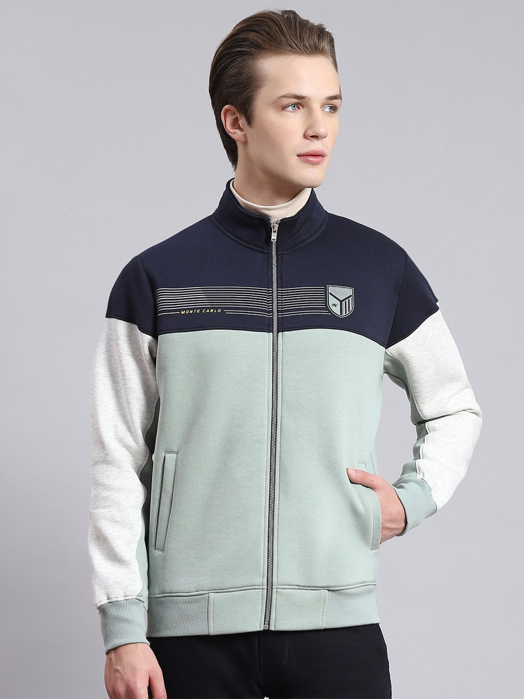 

Monte Carlo Colourblocked Cotton Front-Open Sweatshirt, Green