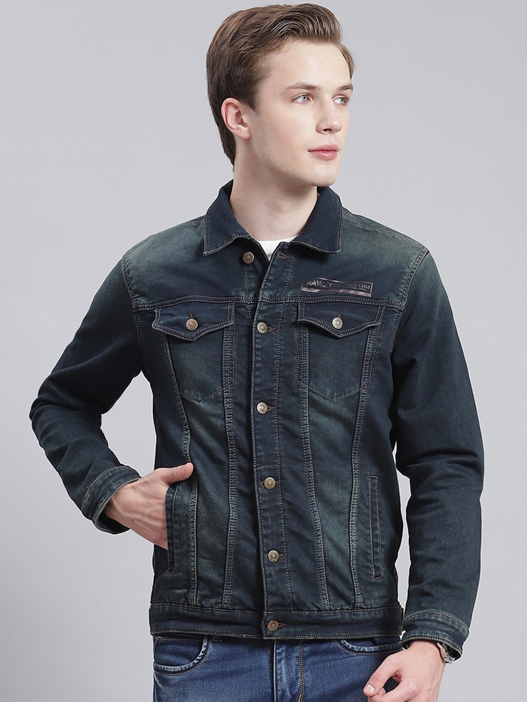 

Monte Carlo Spread Collar Long Sleeves Denim Jacket, Green