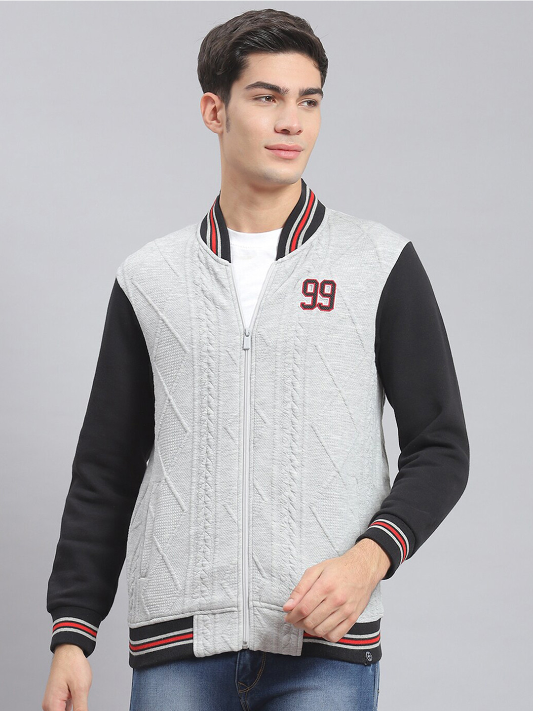 

Monte Carlo Geometric Self Design Mock Collar Ribbed Front-Open Sweatshirt, Grey