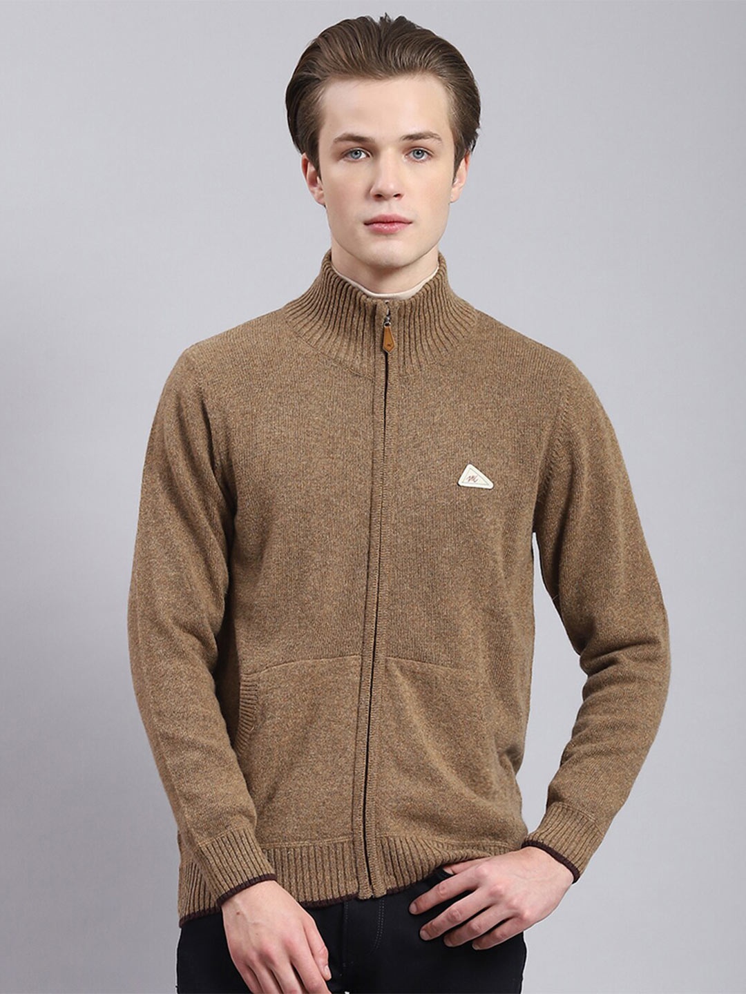 

Monte Carlo Mock Collar Woollen Front-Open Sweater, Brown