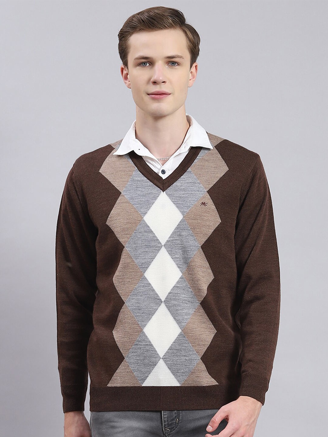 

Monte Carlo Printed V-Neck Pullover Sweaters, Brown