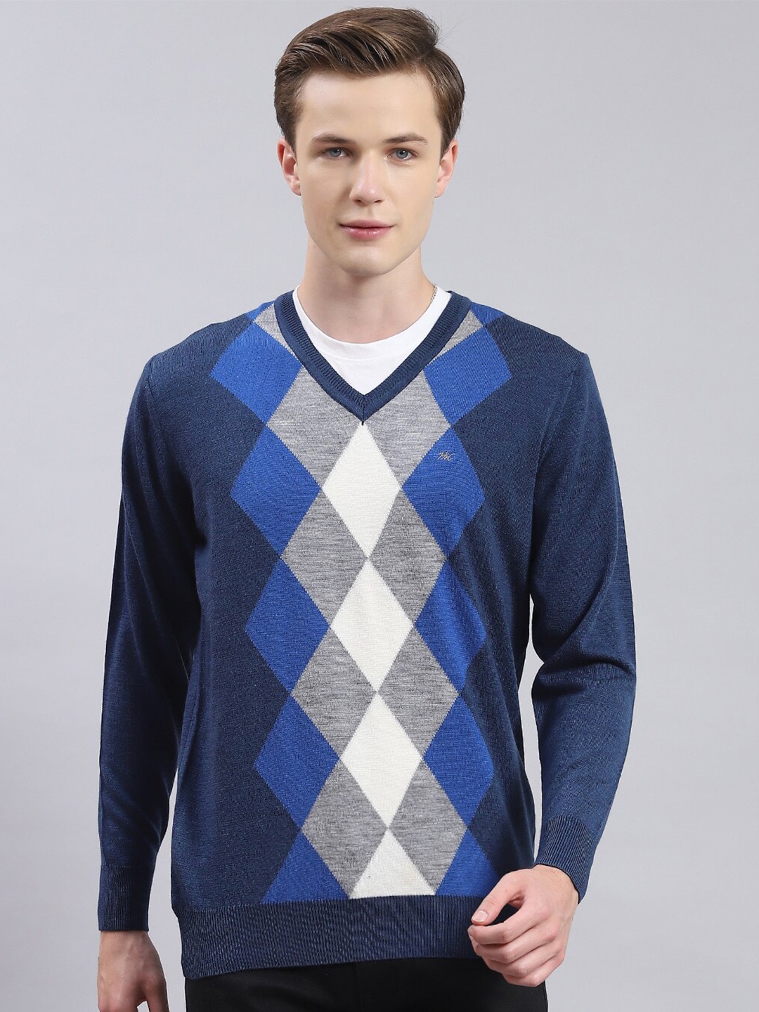

Monte Carlo Geometric Printed V-Neck Pullover Sweater, Blue