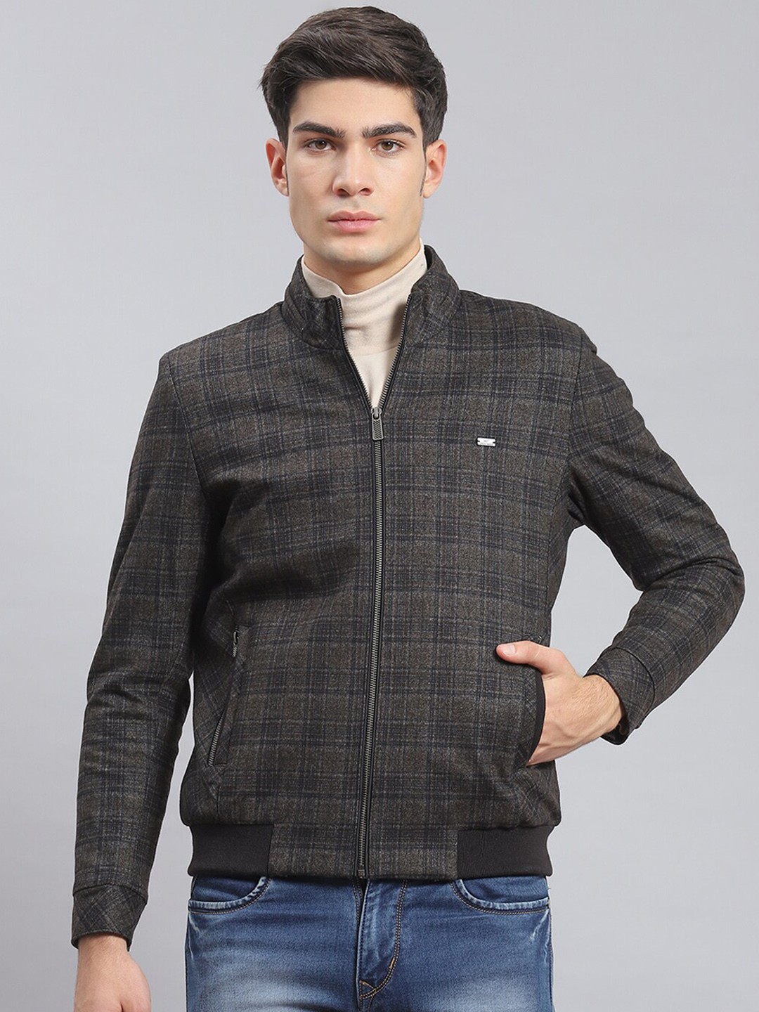 

Monte Carlo Checked Stand Collar Bomber Jacket, Brown