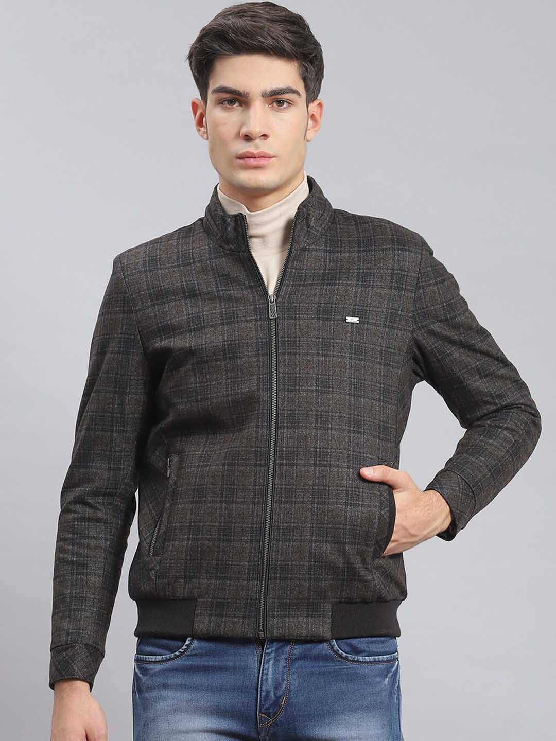 

Monte Carlo Checked Stand Collar Bomber Jacket, Brown