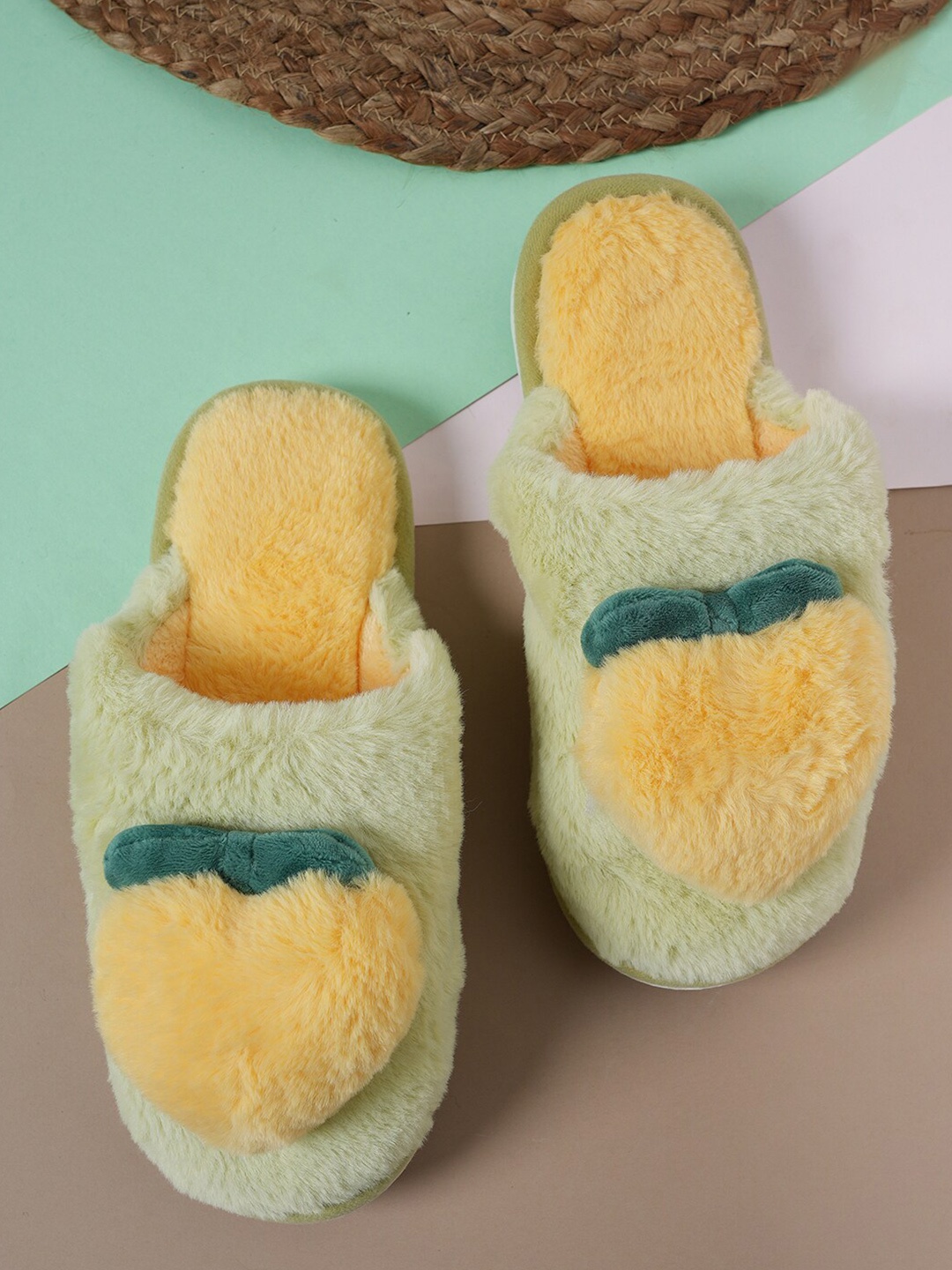 

Walkfree Unisex Self Design Fur Room Slippers, Yellow