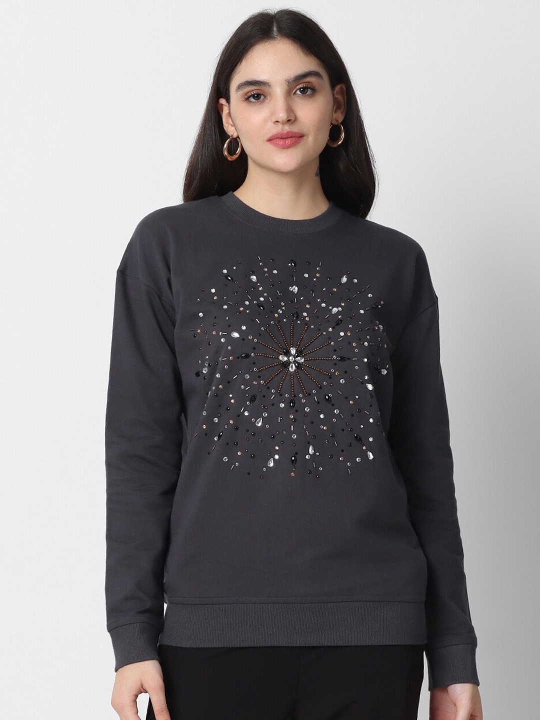 

VASTRADO Women Charcoal Embellished Oversized T-Shirt