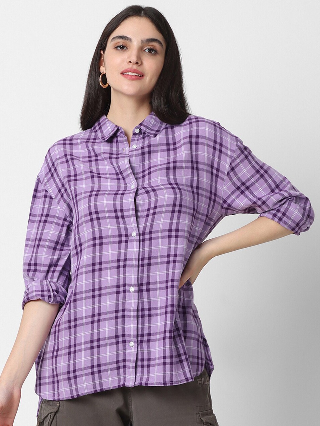 

VASTRADO Women Purple Classic Windowpane Checks Oversized Casual Shirt