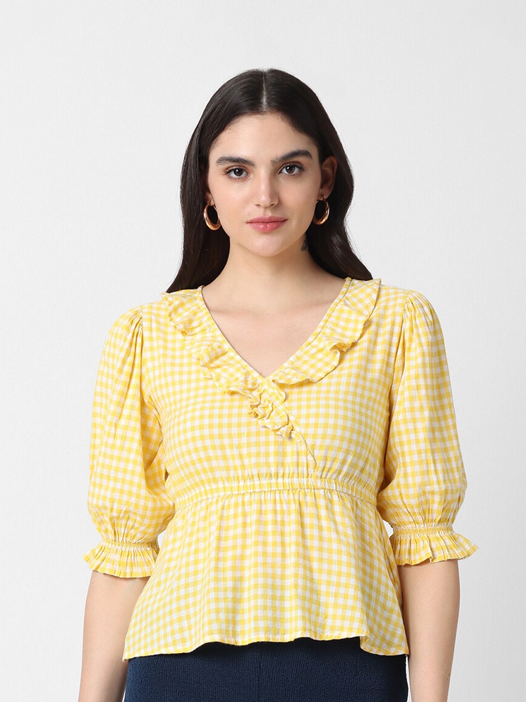 

VASTRADO Yellow & White Checked Puff Sleeve Cotton Crop Top