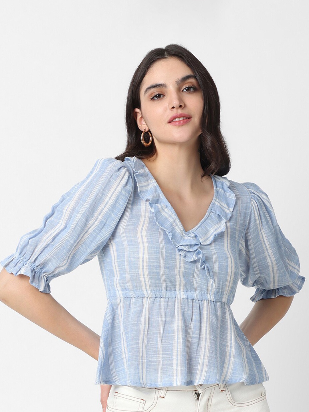 

VASTRADO Blue & White Striped Puff Sleeve Cotton Crop Top