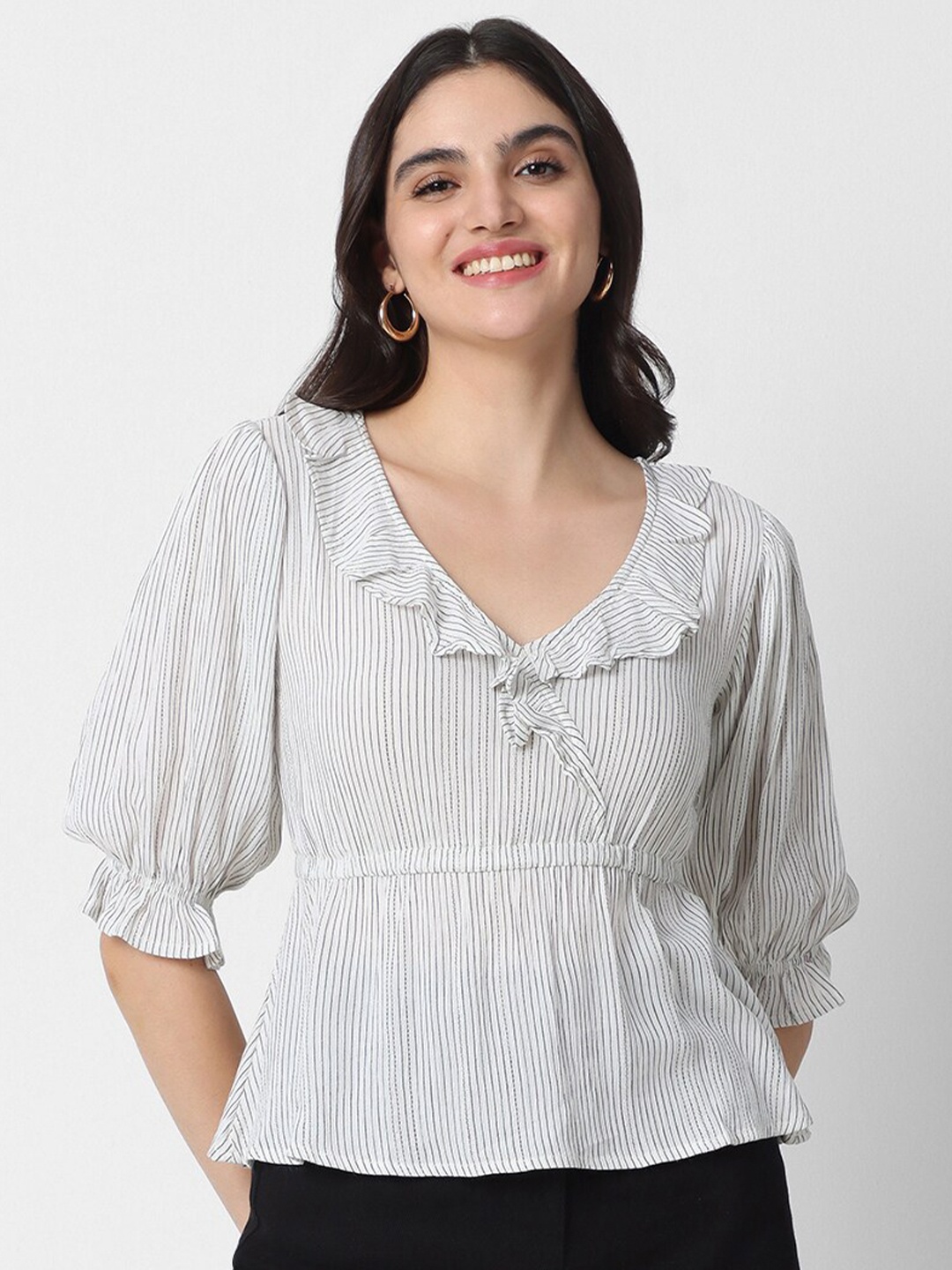 

VASTRADO White & Black Striped Puff Sleeve Crop Top