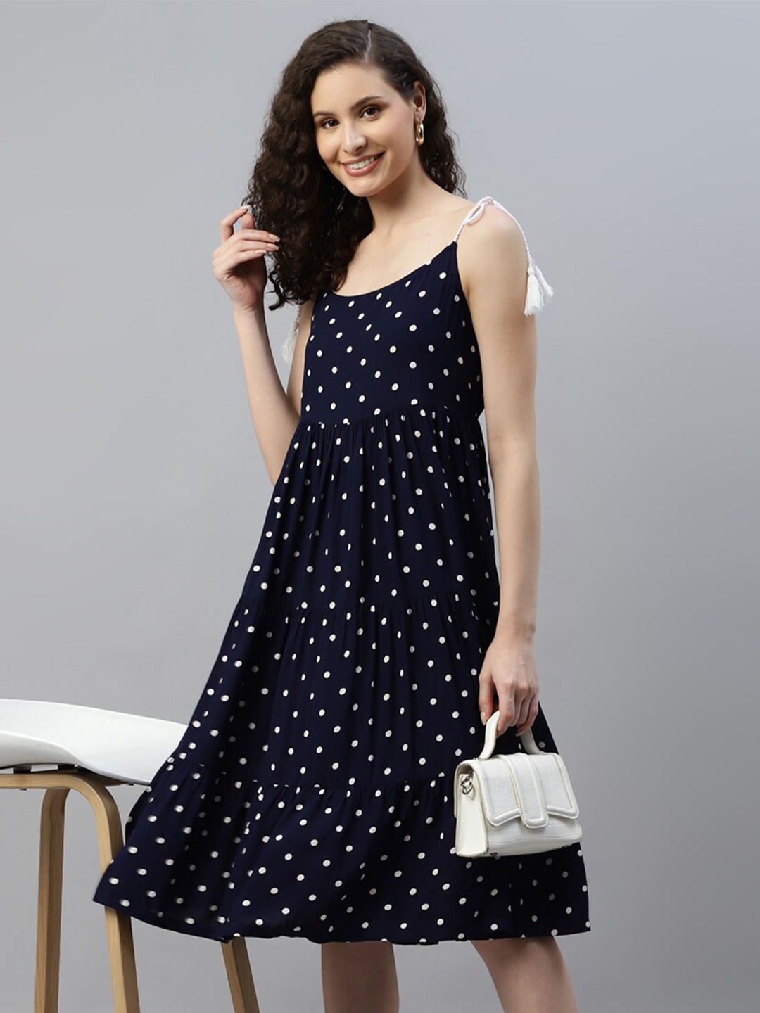 

DEEBACO Polka Dot Printed Sleeveless Fit & Flare Midi Dress, Navy blue