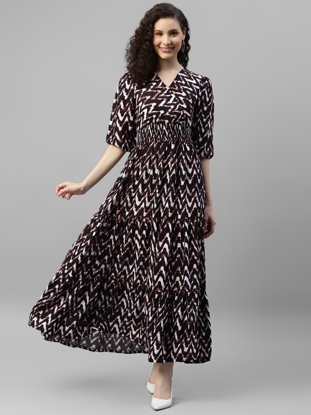 

DEEBACO Chevron Printed Smocked Puff Sleeve Fit & Flare Maxi Dress, Brown