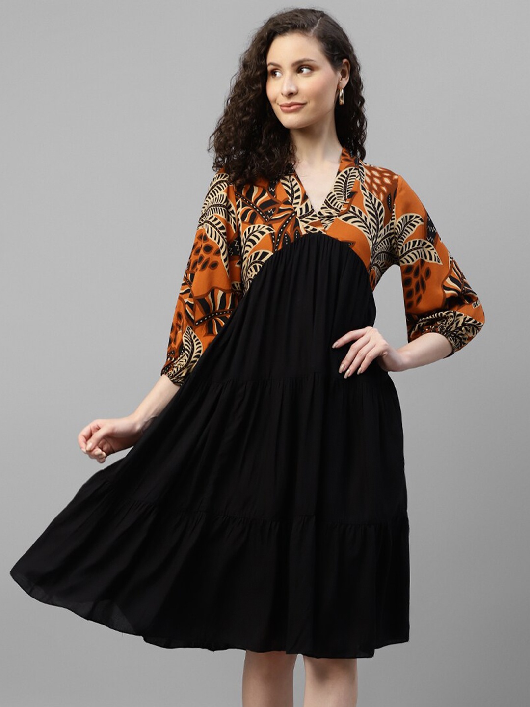 

DEEBACO Tropical Printed V-Neck Puff Sleeves Gathered Empire Dress, Rust