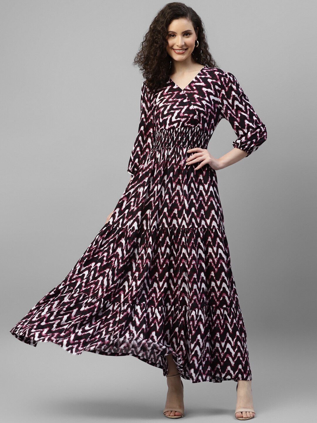 

DEEBACO Chevron Printed V-Neck Puff Sleeves Gathered Tiered Fit & Flare Maxi Dress, Maroon
