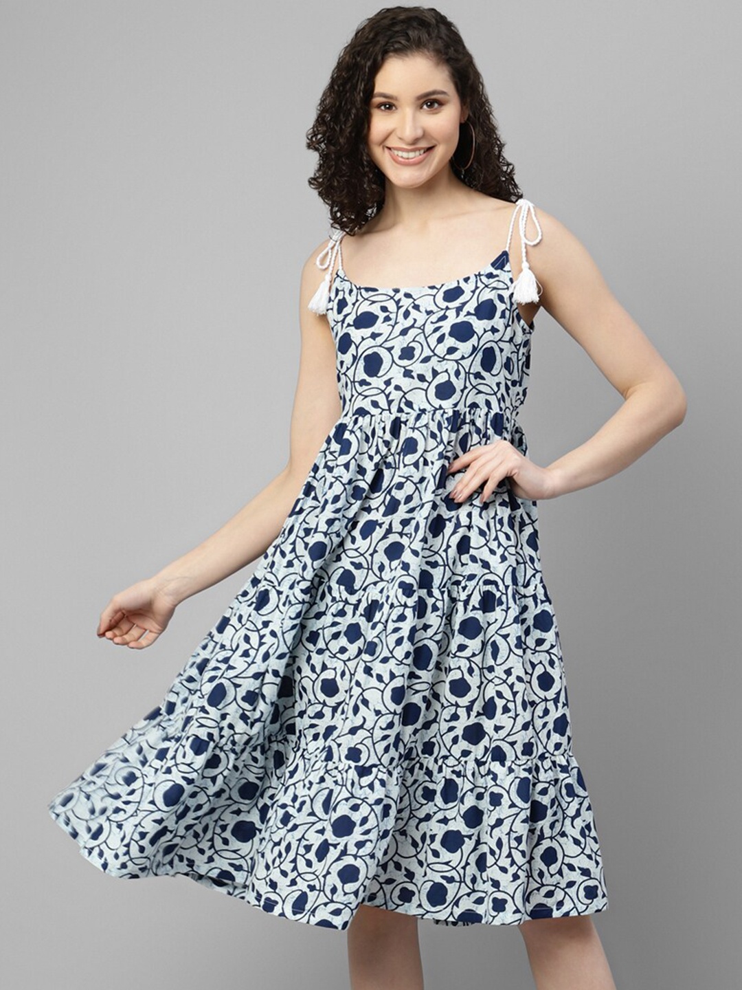 

DEEBACO Floral Printed Shoulder Straps Gathered Tiered Cotton Fit & Flare Midi Dress, White