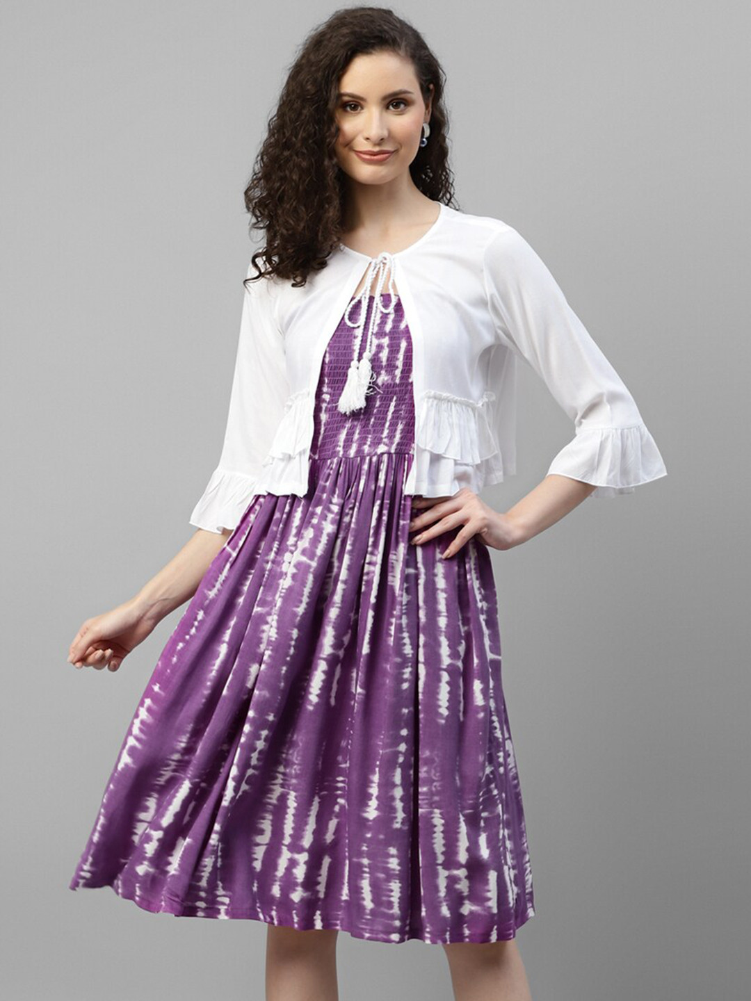 

DEEBACO Tie and Dye Shoulder Straps Smocked Fit & Flare Midi Dress With Shrug, Lavender