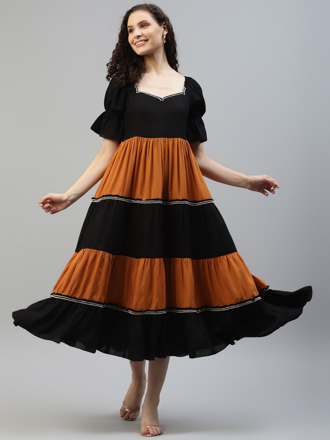 

DEEBACO V-Neck Puff Sleeves Gathered Tiered Fit & Flare Midi Dress, Black