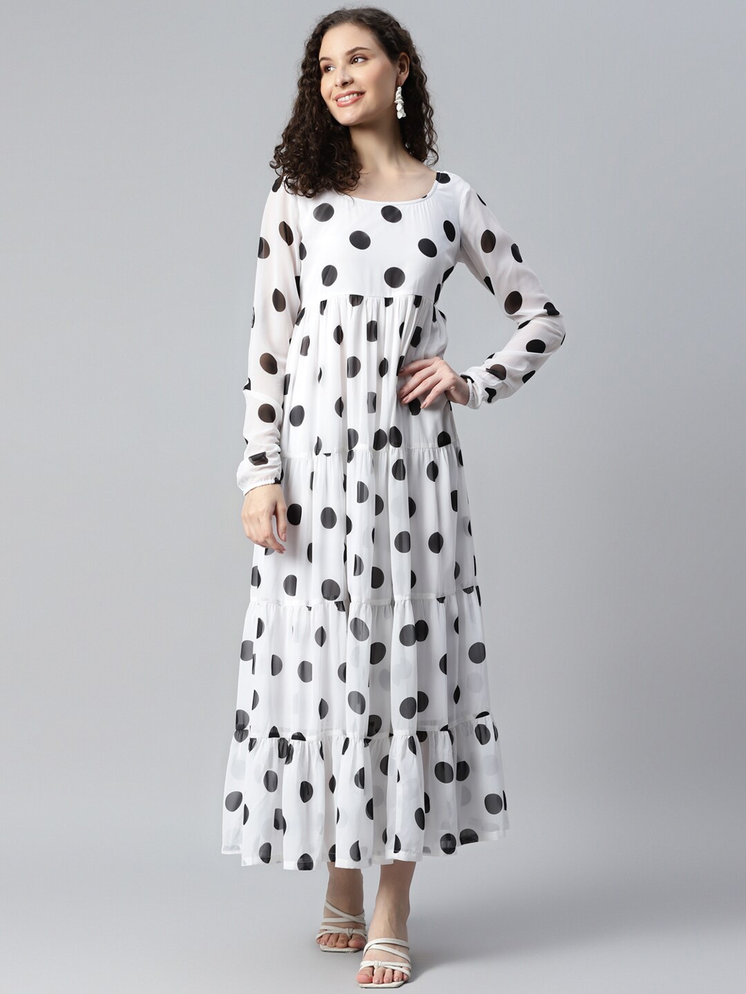 

DEEBACO Polka Dot Printed Square Neck Tiered Fit & Flare Maxi Dress, White