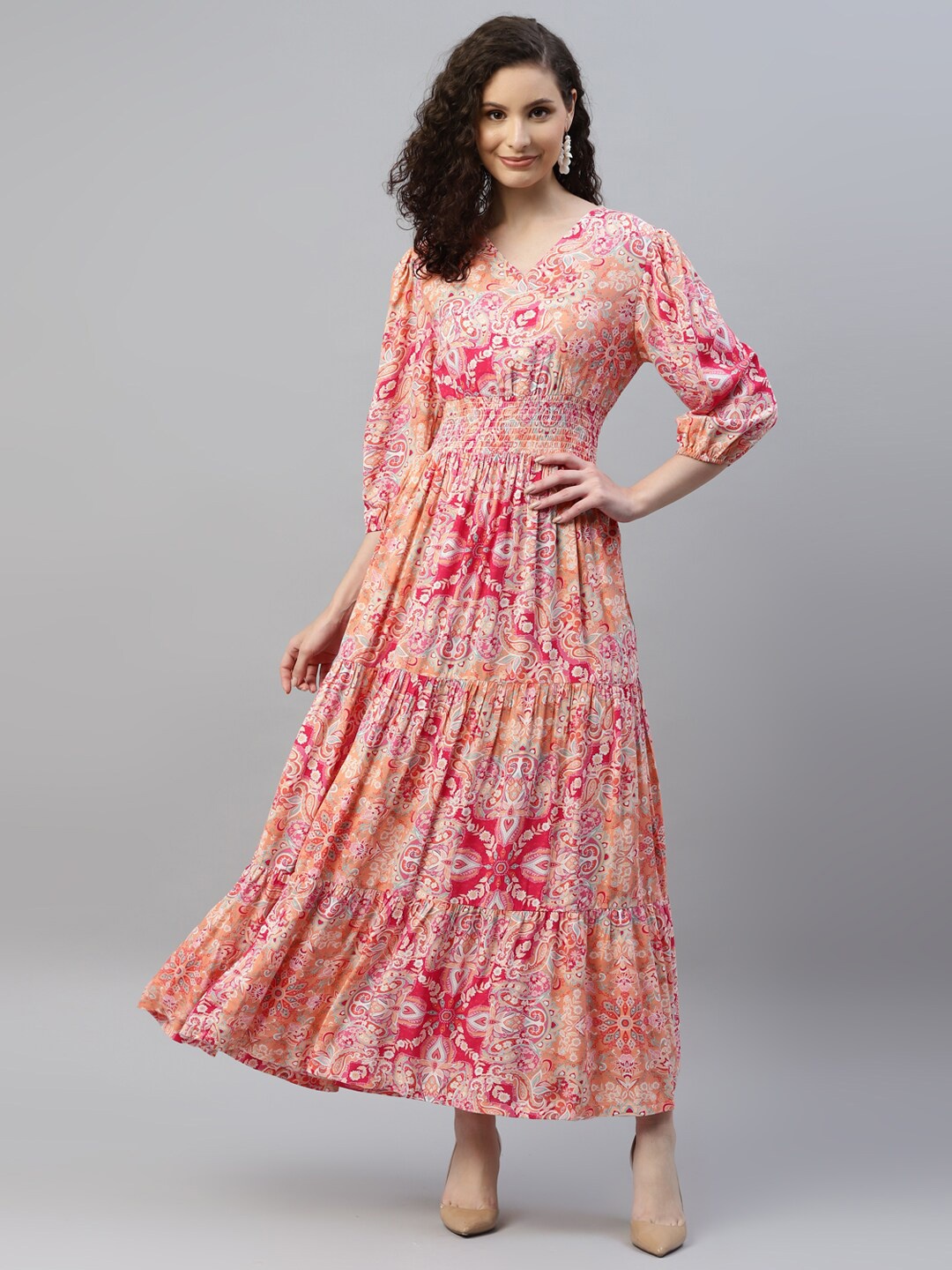 

DEEBACO Floral Printed Puff Sleeve Tiered Smocked Fit & Flare Maxi Dress, Red