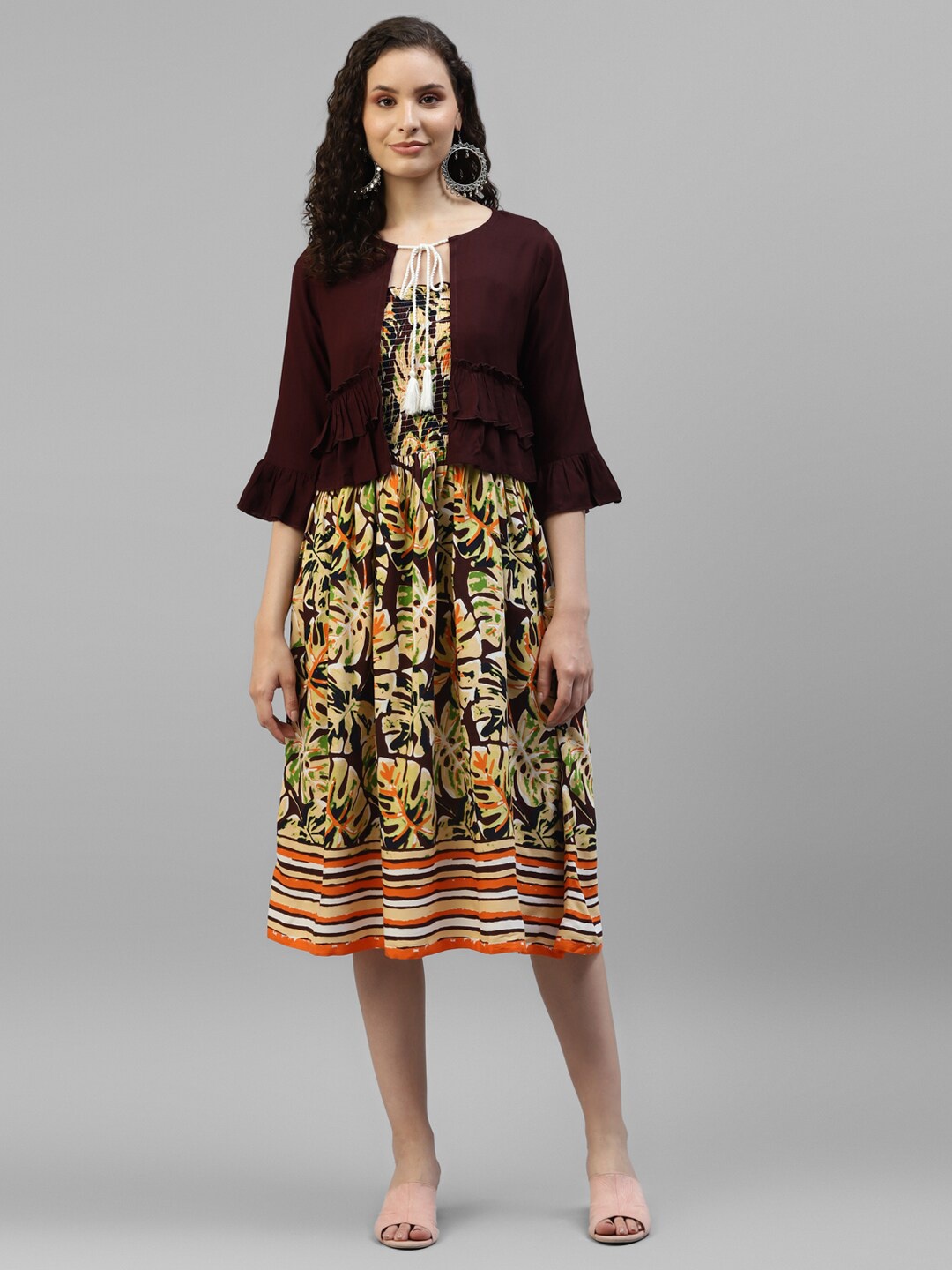 

DEEBACO Tropical Printed Shoulder Strap Smocked Fit & Flare Midi Dress With Shrug, Black