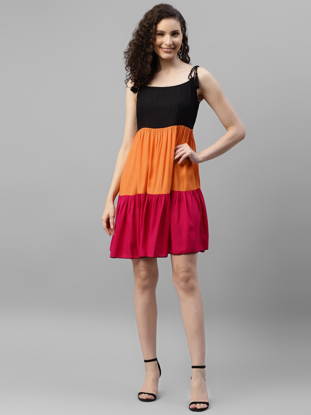 

DEEBACO Colourblocked Shoulder Strap Tiered Fit & Flare Above Knee Dress, Black