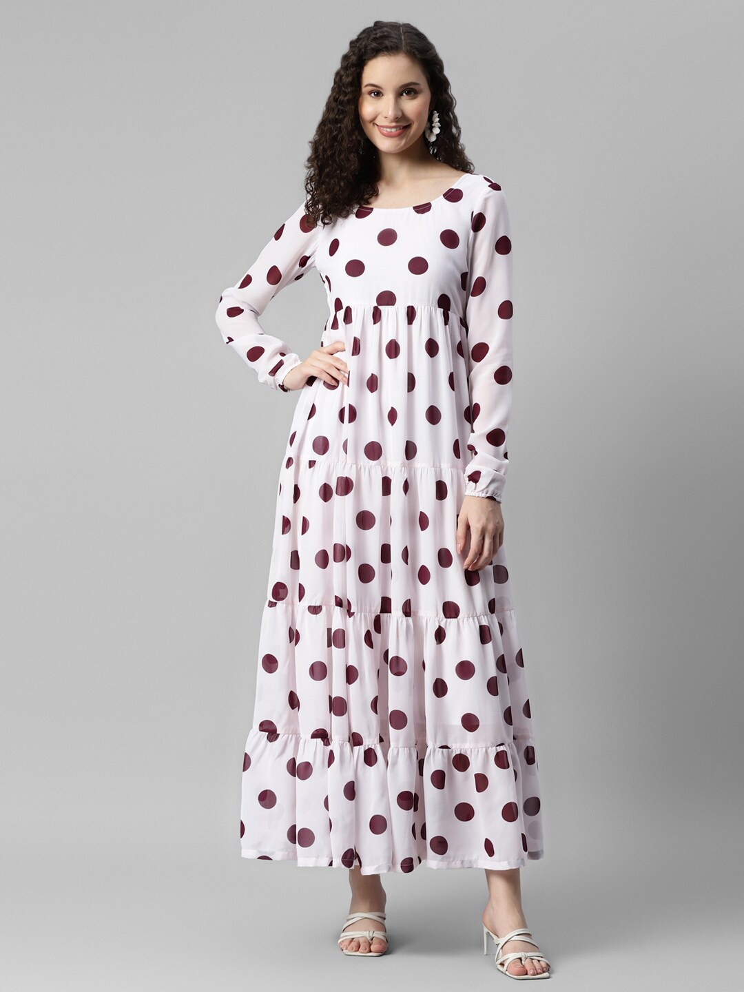 

DEEBACO Polka Dot Printed Square Neck Tiered Fit & Flare Maxi Dress, White