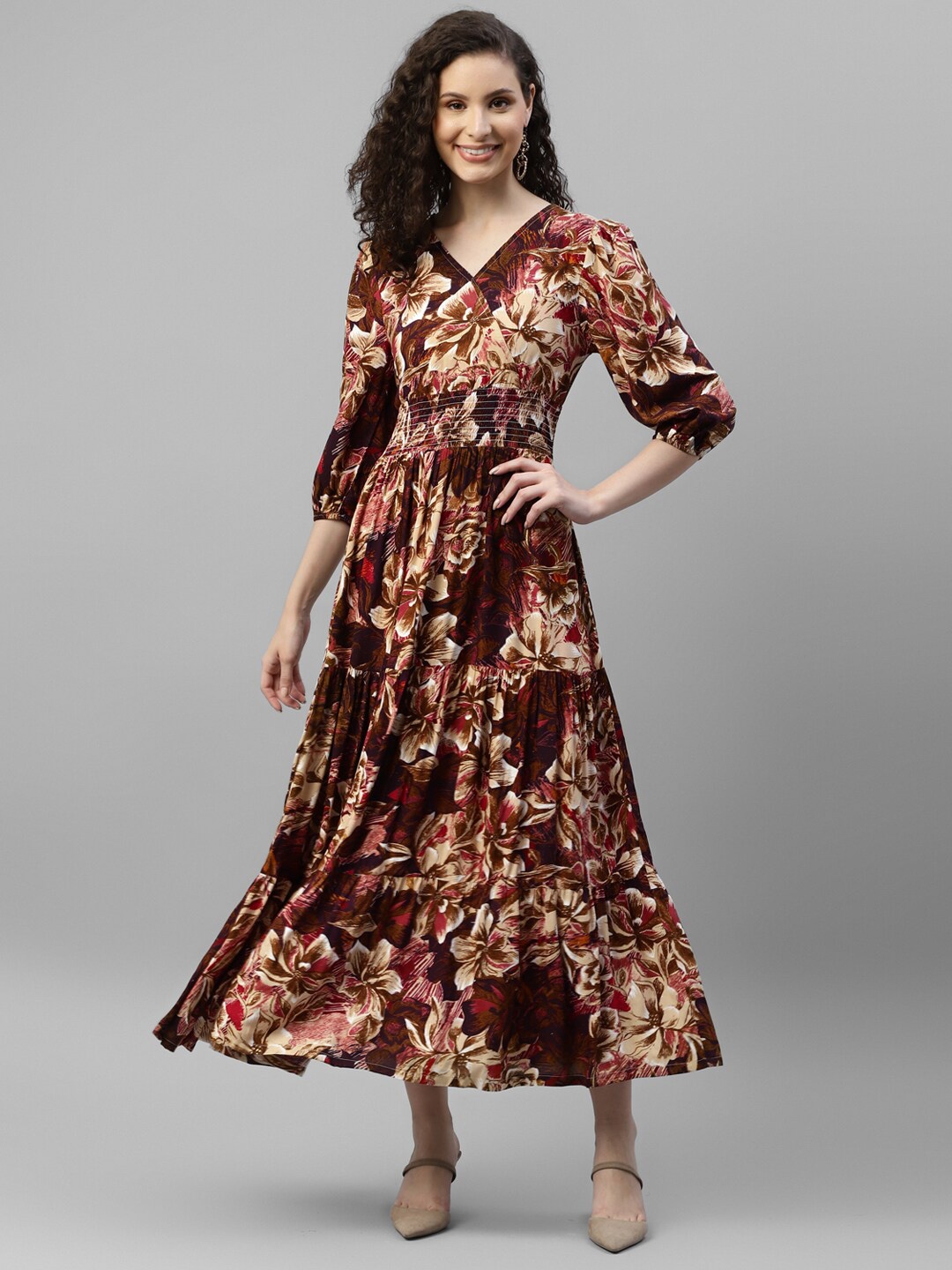 

DEEBACO Floral Printed Smocked Tiered Fit & Flare Maxi Dress, Brown