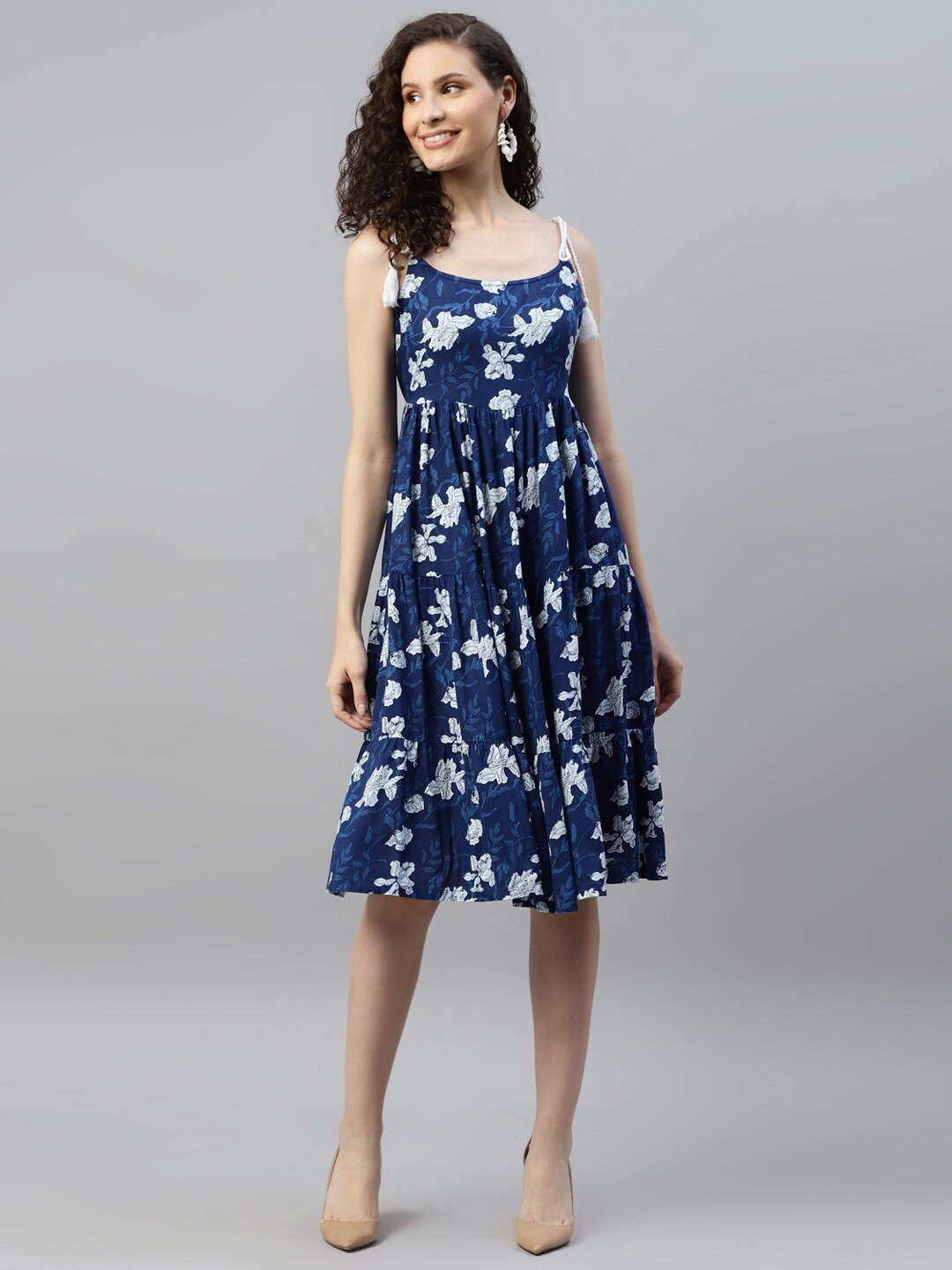 

DEEBACO Floral Printed Tiered Fit & Flare Midi Dress, Navy blue