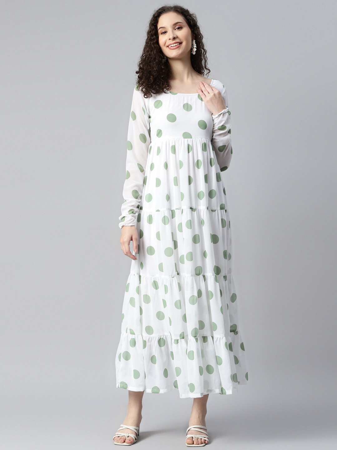 

DEEBACO Polka Dot Printed Tiered Georgette Fit & Flare Maxi Dress, White
